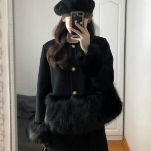 冬季千金感气质黑色重工毛毛边拼接毛呢短外套半裙两件套装女1592