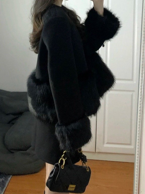 冬季千金感气质黑色重工毛毛边拼接毛呢短外套半裙两件套装女1592 - 图片 5