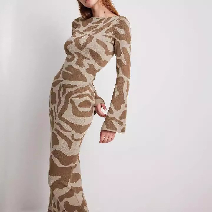 2024 Cross-Border Amazon Independent Station Hot Sale European and American Style Spring and Autumn Slim Fit Sweater Fashion Printed Dress - 图片 3